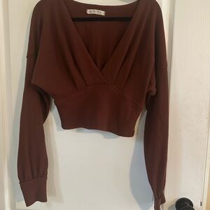 We The Free by Free People Deep Brown V-Neck LS Crop Top